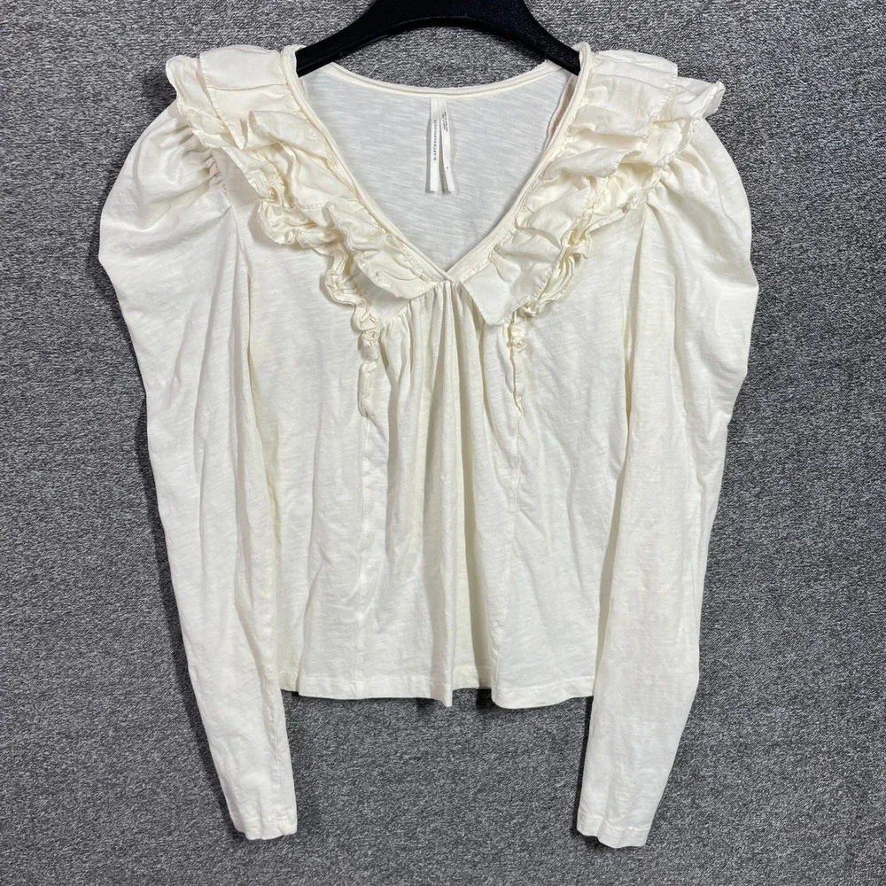 Anthropologie Top Womens S Cream White Ruffle V-Neck Puff Sleeve Cotton